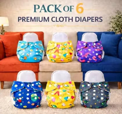 Pack of 6 with 6 Premium Insert Printed Cloth Diapers | Ultra Soft, Heavy Absorbency, Leakproof, Adjustable & Rash-Free Baby Nappies