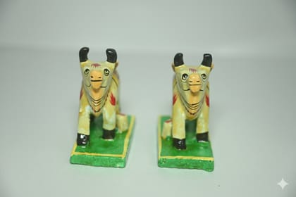 Icrafts Handmade Wooden Cow Pair – Traditional Multicolor Wooden Figurines (L: 7.62 cm × B: 3.81 cm × H: 7.62 cm, 40 g Each)