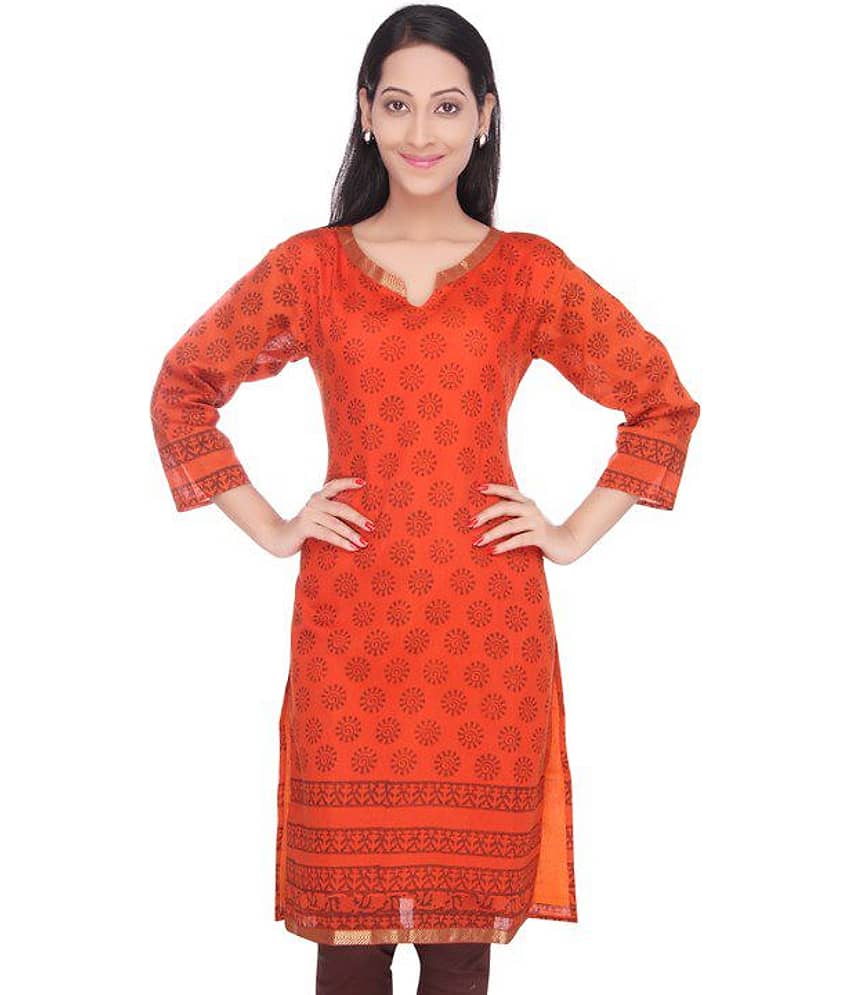 Viniyog Orange Cotton Silk Straight Kurti
