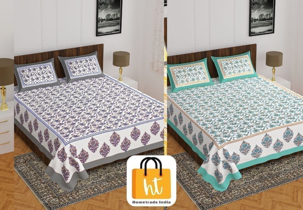 3001-Hometrade India-Standard King Size (90*108 Inches)-Buy Pure Cotton Jaipuri Printed Flat King Size Double Bedsheet With 2 Matching Pillow Cover