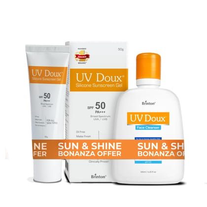 UV Doux Silicone Sunscreen Gel SPF50 PA+++ 50gm & UV Doux Face Cleanser 125ml Combo | Ultimate Skincare Duo for Sun Protection & Deep Cleansing | Non-Greasy, Dermatologist-Tested | Benzene free UV Doux Silicone Sunscreen Gel SPF50 PA+++ 50gm & UV Doux Fa