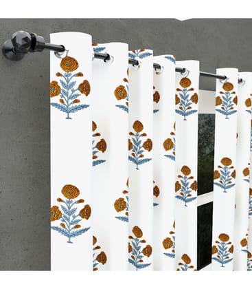 Classic Floral Hand Block Curtains  Marigold & Grey Leaf Boota Pattern ( 9 Feet )