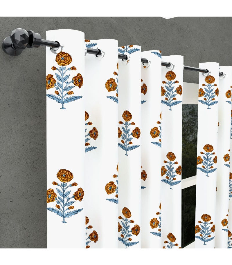 Classic Floral Hand Block Curtains Marigold & Grey Leaf Boota Pattern ( 9 Feet )