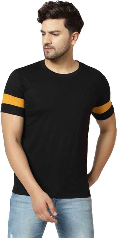 Men's Casual Solid Cotton Blend Round Neck T-Shirt (Black, XL)-PID47787