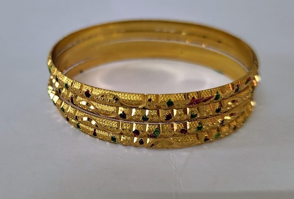 Gold plated  Bangles with Green and Red Stones - Set of 4