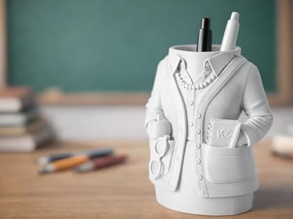 3D Printed Classic Teacher Pen Holder, Vintage School Desk Organizer, Old School Teacher Figurine Pen Stand, Office and Study Table Decor, White