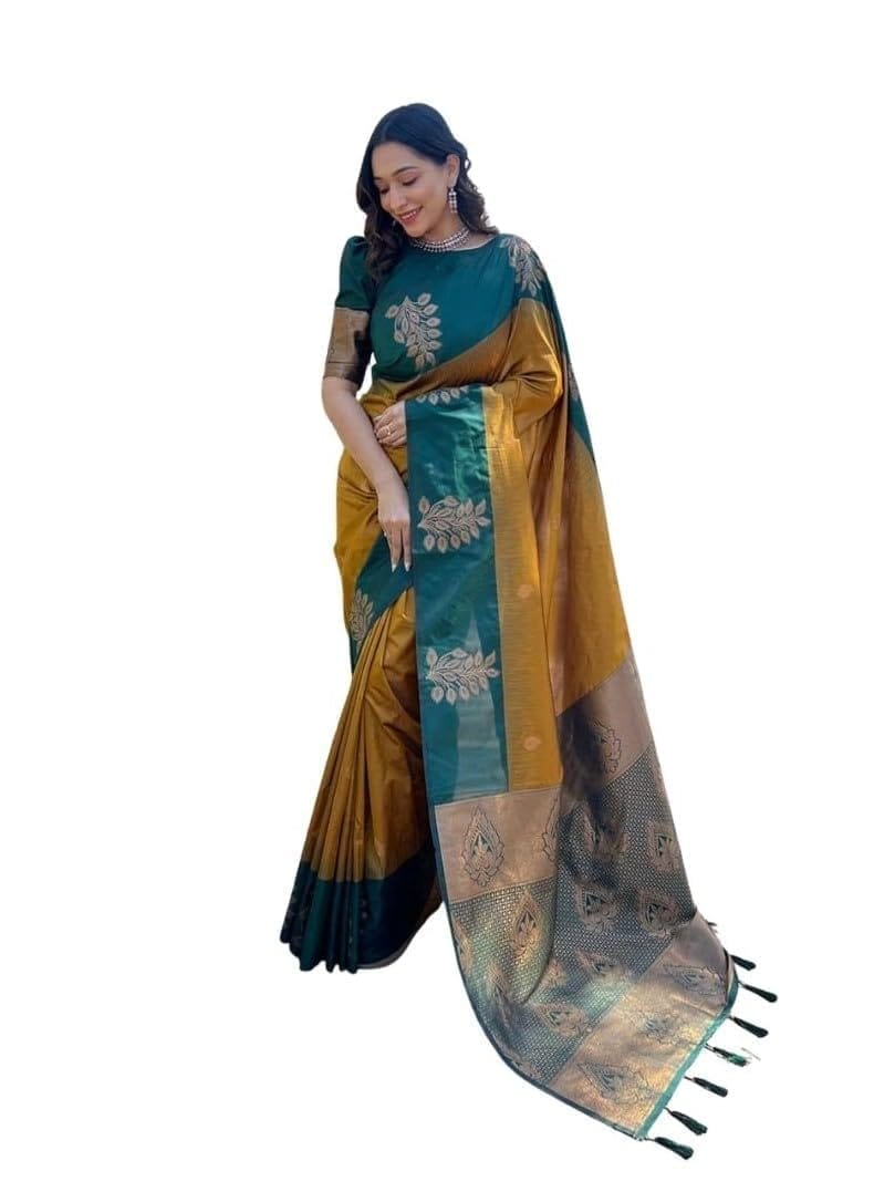 Women's Soft Lichi Silk Printed Saree With Unstitched Blouse 5.5Mtr (Mustard)-PID63688