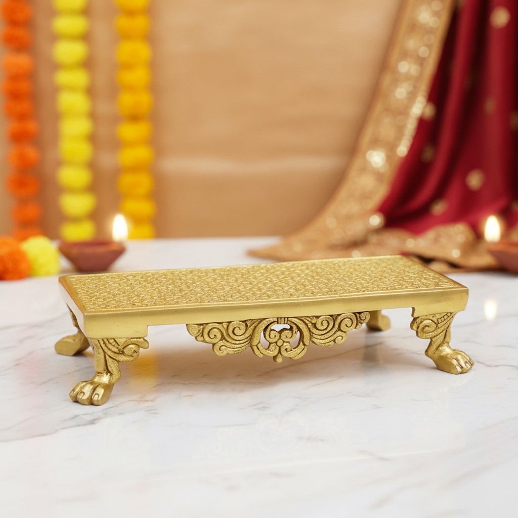 Brass Pooja Chowki Stool | Brass Puja Bajot | Decorative Brass Temple Stool for Home Temple, Height : 2.5 Inch (BSMAS1953 F)