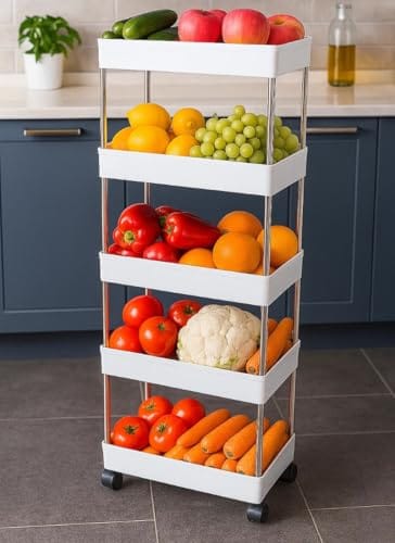 5 Tier Storage Rack, Kitchen Trolley, Storage Cart with Wheels, Rolling Storage Cart, Kitchen Storage Rack,