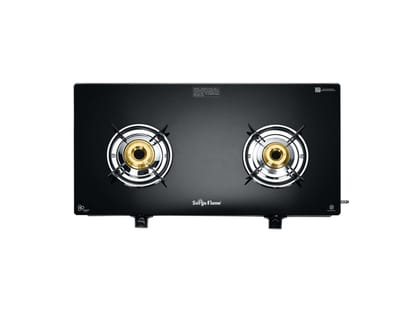 Surya Flame Maestro 2-Burner Gas Stove, Toughened Glass Top, 2 Tri-Pin Brass Burners, Manual Ignition, 69%+ Efficiency, ISI Certified - Black Surya Flame Maestro 2-Burner Gas Stove, Toughened Glass Top, 2 Tri-Pin Brass Burners, Manual Ignition, 69%+ Efficiency, ISI Certified - Black