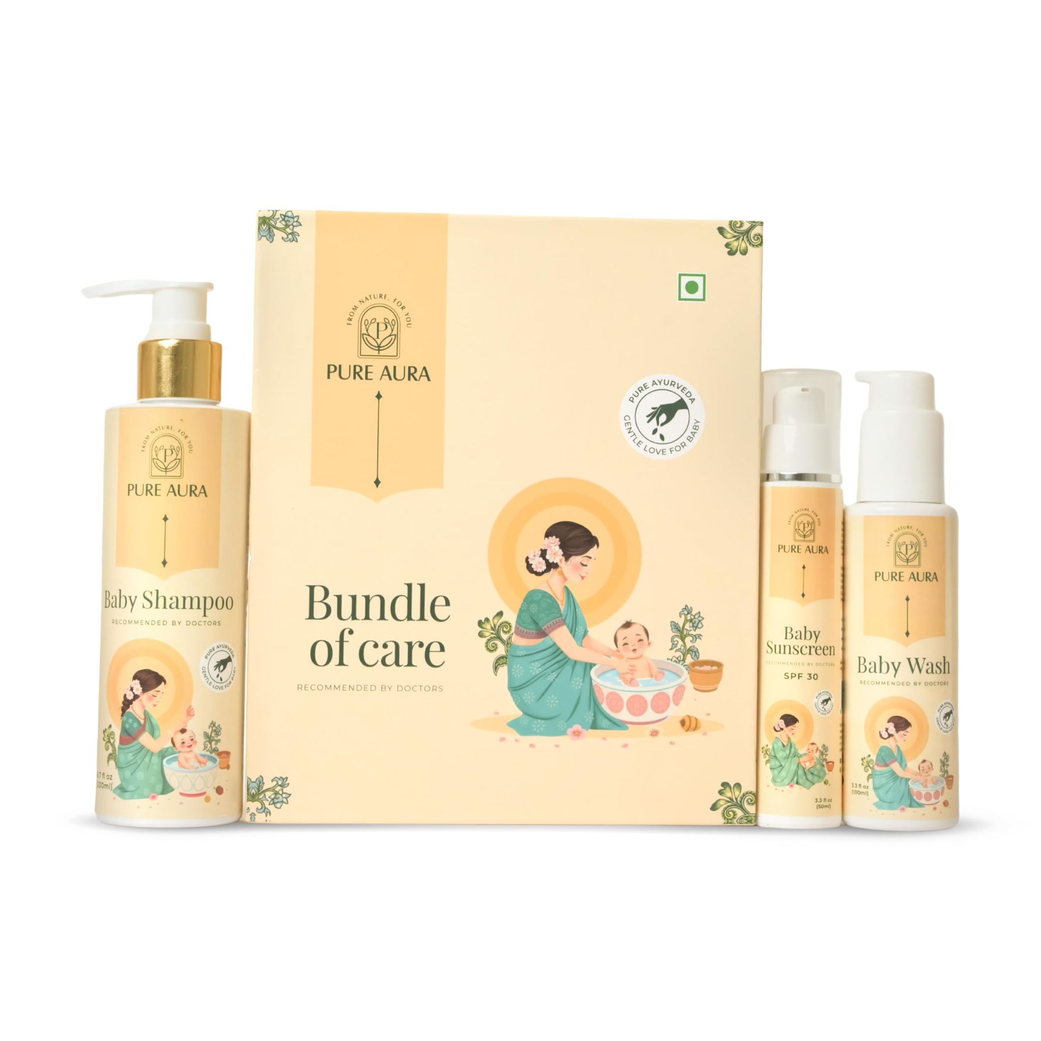 Pure Aura Daylight Defense Trio | Ayurvedic Baby Sunscreen SPF 30, Tear-Free Shampoo & Gentle Wash | Daily Sun Protection & Cleansing | Safe for Newborns | Natural Skincare for Delicate Baby Skin