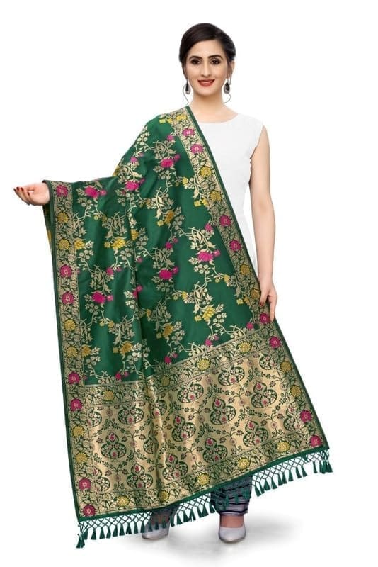 Women's Silk Pure Zari weaving Duppatta (Green, Leangth: 2-2.3 Mtrs)-PID44903