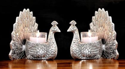 Dreamkraft Metal Dancing Peacock Pair Figurine Vastu for Good Luck & Love | Votive Candle Holder | Home Decor Tabletop Living Room Office | Set of 2 Pcs | Silver Finish | Ideal for Gifting