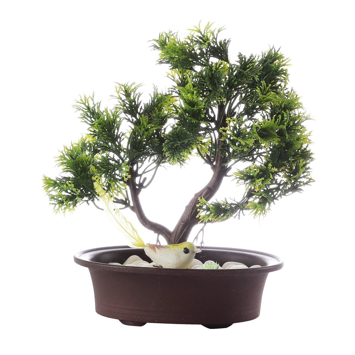 FOLIYAJ Artificial 3 Branched Bonsai Tree with Thick Green Leaves and a Bird with Pot