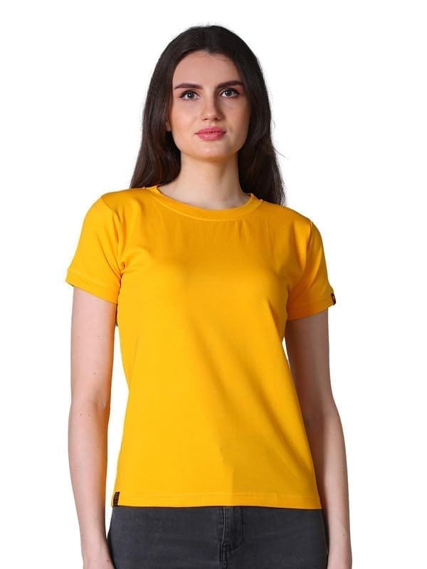 Women's Cotton Blended Solid Round Neck Half Sleeve T-Shirt (Mustard, S)-PID56329
