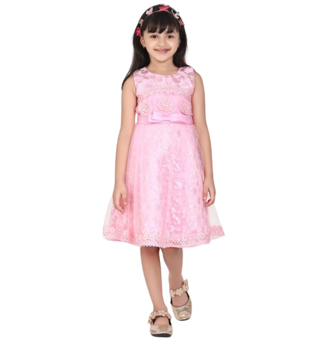 Girl's Net Embroidered Sleeveless Dress (Pink, 6-7-Yrs)-PID66027