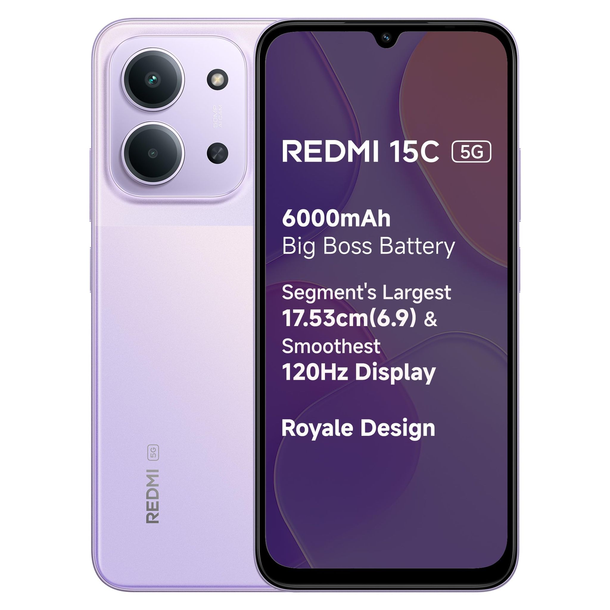 REDMI 15C 5G Dusk Purple 6GB + 128GB | Royale Design | Massive 6000mAh Battery | Segment's Largest 17.53cm Display Up to 120Hz | MediaTek Dimensity 6300 | 33W Fast Charging | 50MP AI Dual Camera