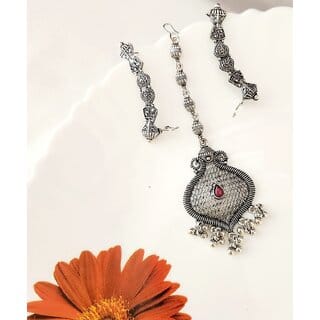 Oxidized silver- plated pink stone maangtika  Earcuff Combo (set pack of 1)