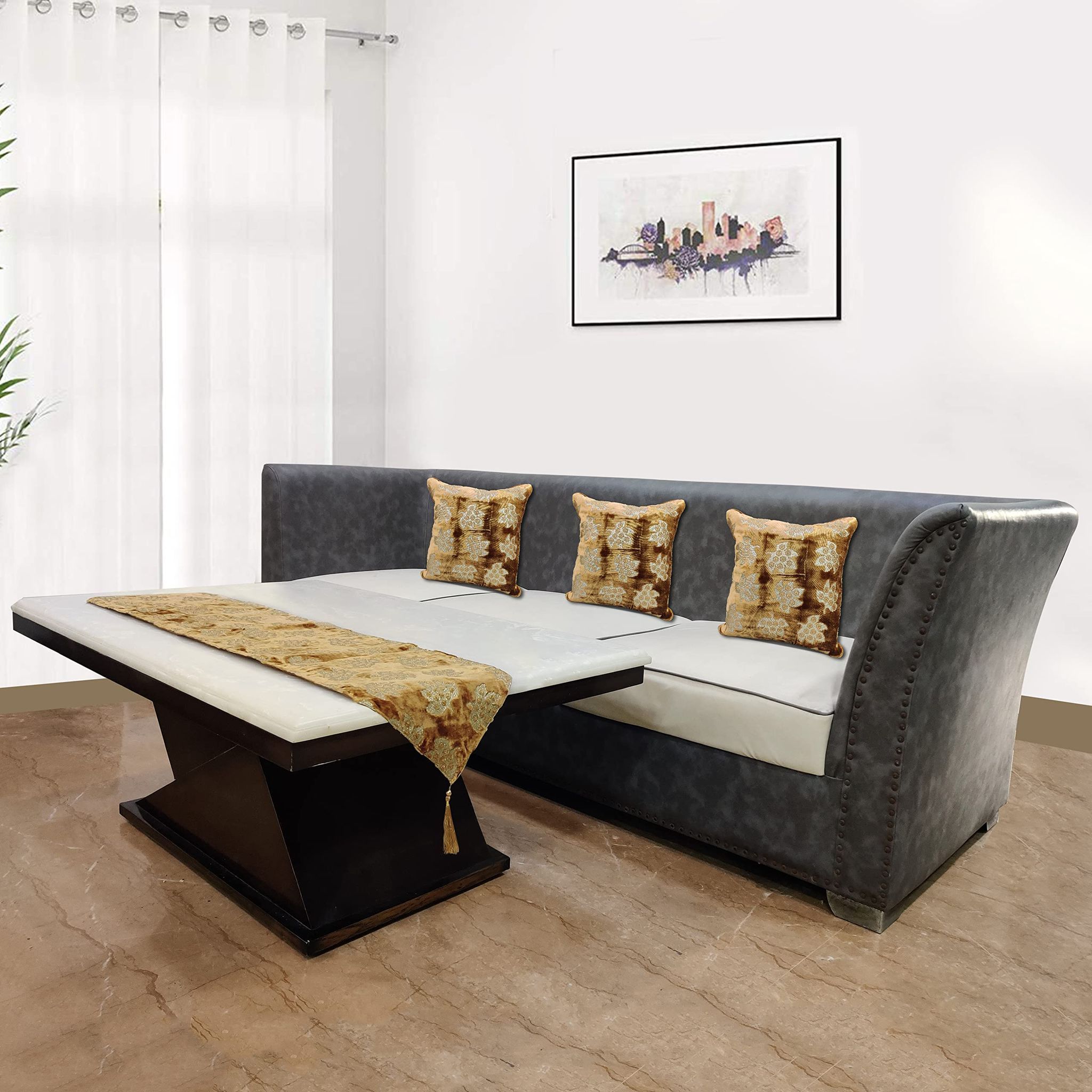 Velvet Table Runner (12inch x 59 inch) with Set of 3 Sofa Cushion Covers (24inch x24 inch), Decorative Table Runners for Home Dining, Tea, Foyer Tables, Dresser Scarves, Daily Use, Machine Washable