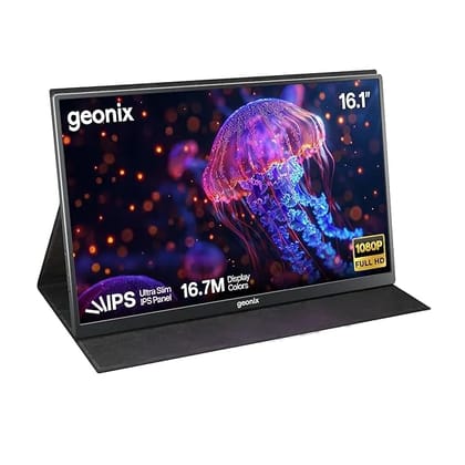 GEONIX 16.1" Portable Monitor Full HD 1080p IPS Display, 300 Nits, Ultra Slim with Foldable Cover Stand, USB-C & Mini HDMI, Dual Speakers for Laptop, Phone, Tablet, Projector (Black)