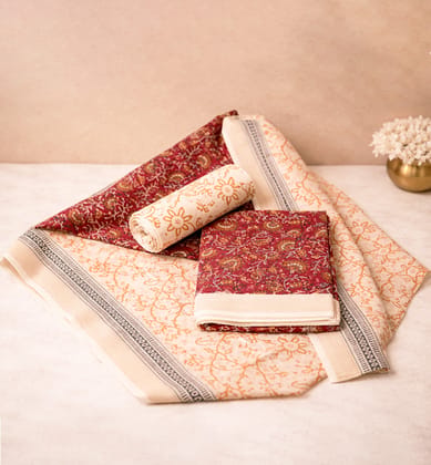 Block Print Kalamkari Maheshwari Unstitched Suit Set – Floral Motif (3 Piece) Block Print Kalamkari Maheshwari Unstitched Suit Set – Floral Motif (3 Piece)