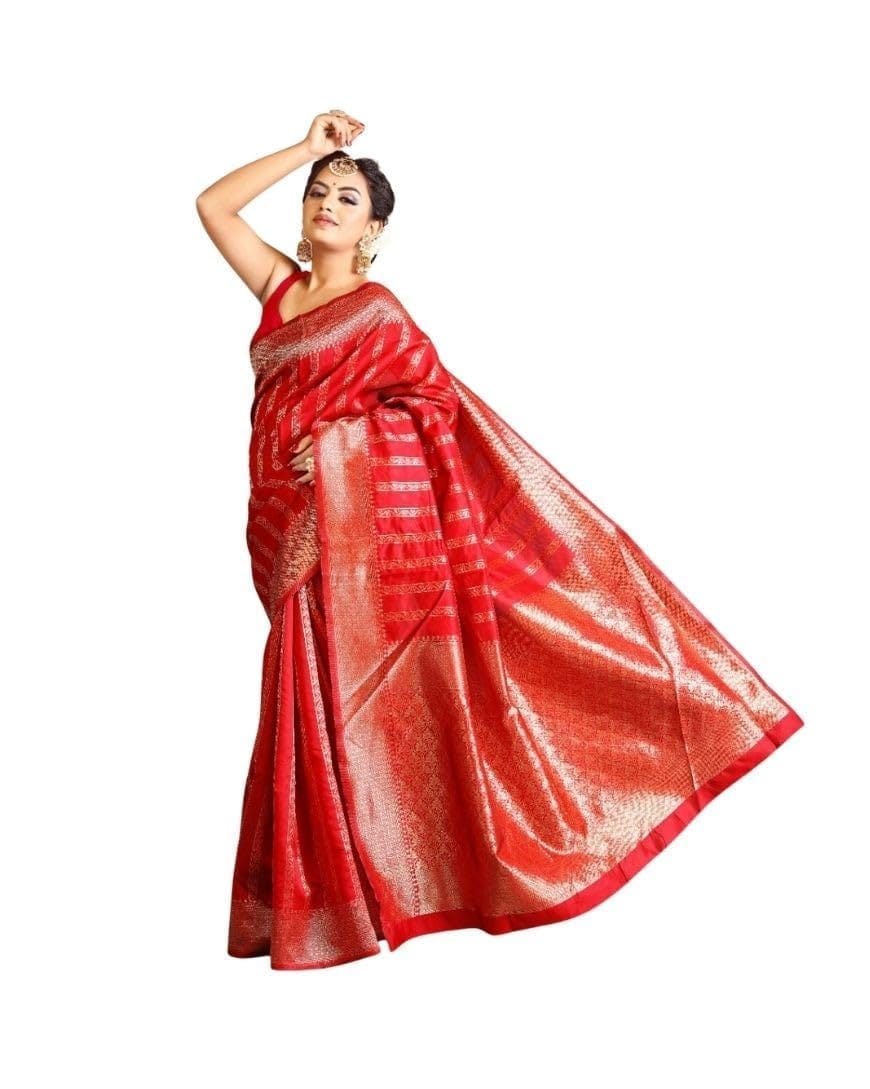 Women's Soft Lichi Silk Printed Saree With Unstitched Blouse 5.5Mtr (Red)-PID63554