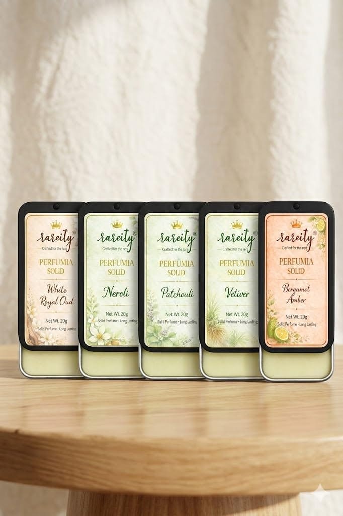 Rareity Perfume Solid Perfume Combo Pack of 5 | White Royal Oud, Neroli, Patchouli, Vetiver & Bergamot Amber | Pocket Fragrance Balm | Travel Friendly Metal Tin | 20g Each