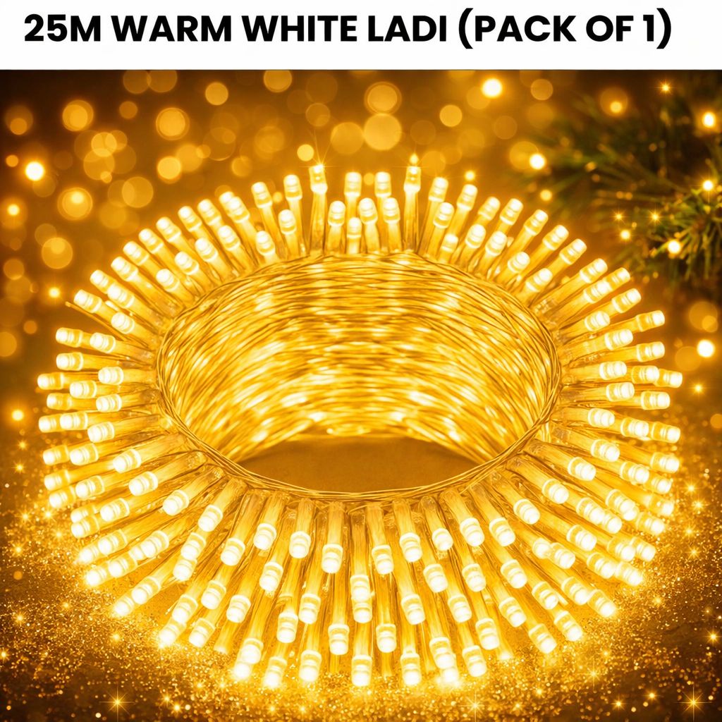 SPARKWORLD Yellow 74 LEDs 21 Meter Steady Bulb Rice Lights Decorative String Light for Home, Festive & Outdoor Use (Pack of 1) | Size: 25 M