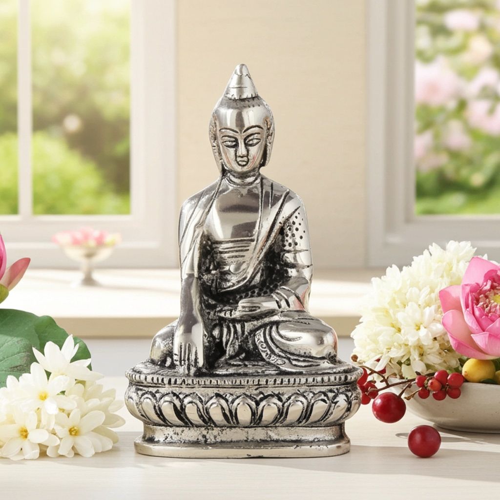 Aluminium Buddha Idol Showpiece – Spiritual Home Decoration, Height : 6 Inch (ASMAS220 S)