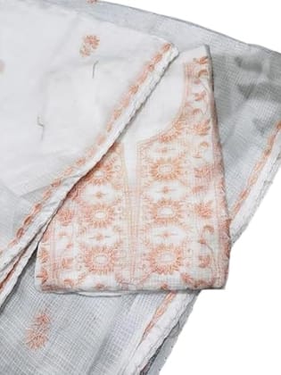 Kota Doria Unstitched Suit Fabric, White with Peach Floral Embroidery, Handcrafted Traditional Design Kota Doria Unstitched Suit Fabric, White with Peach Floral Embroidery, Handcrafted Traditional Design
