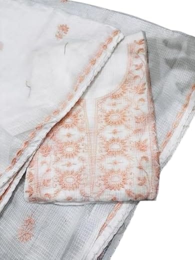 Kota Doria Unstitched Suit Fabric, White with Peach Floral Embroidery, Handcrafted Traditional Design