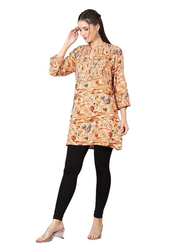 Women's Casual 3/4 Sleeve Viscose Rayon Printed Kurti (Orange, L)-PID46406