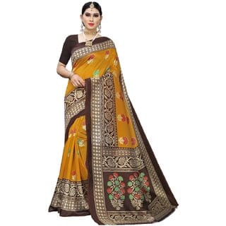 SVB Sarees Yellow Printed Art Silk With Blouse Saree