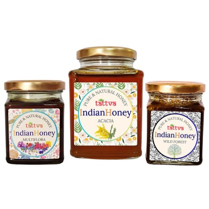 IndianHoney Rajasthan Acacia Honey, Wild Forest Honey, & Himalayan Multiflora Triple Combo Pack (500gm + 2x230gm)