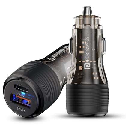 Portronics Car Power View Plus Dual Port 55.5W Car Charger, Transparent Design, 33W Type-C PD, 22.5W USB-A