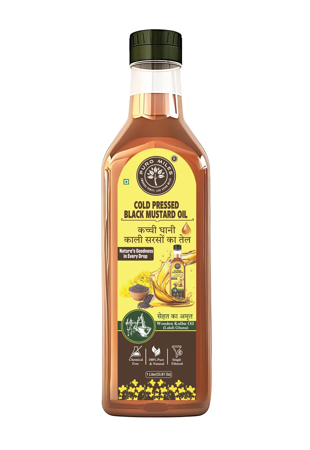 Puro Miles Wood Pressed-Cold Pressed Black Mustard Oil 1 Litre, Chemical Free, Unrefined, Pure and Natural, Lakdi Kachhi Ghani Kali Sarson Oil.