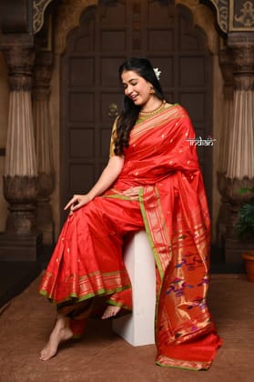 Parampara ~ Pure Silk Paithani - with Most Traditional Double Pallu in Red with Green Border