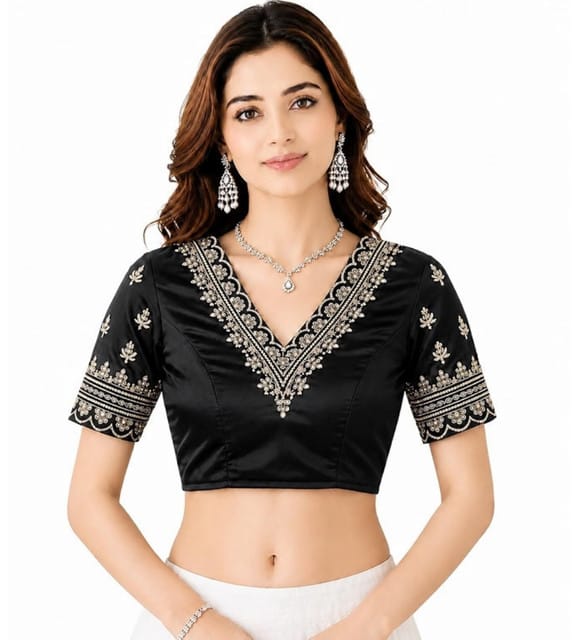 Women's Satin Embroidered Half sleeve V-Neck Padded Readymade Blouse (Black, Size 38 - Self-Alterable 36–40)