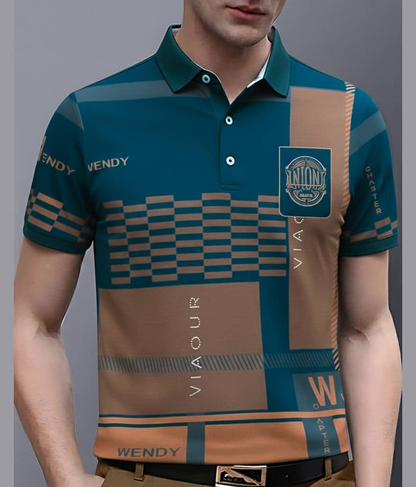 AUSK Men Cotton Blend Regular Fit Printed Polo T Shirt ( Teal Blue )