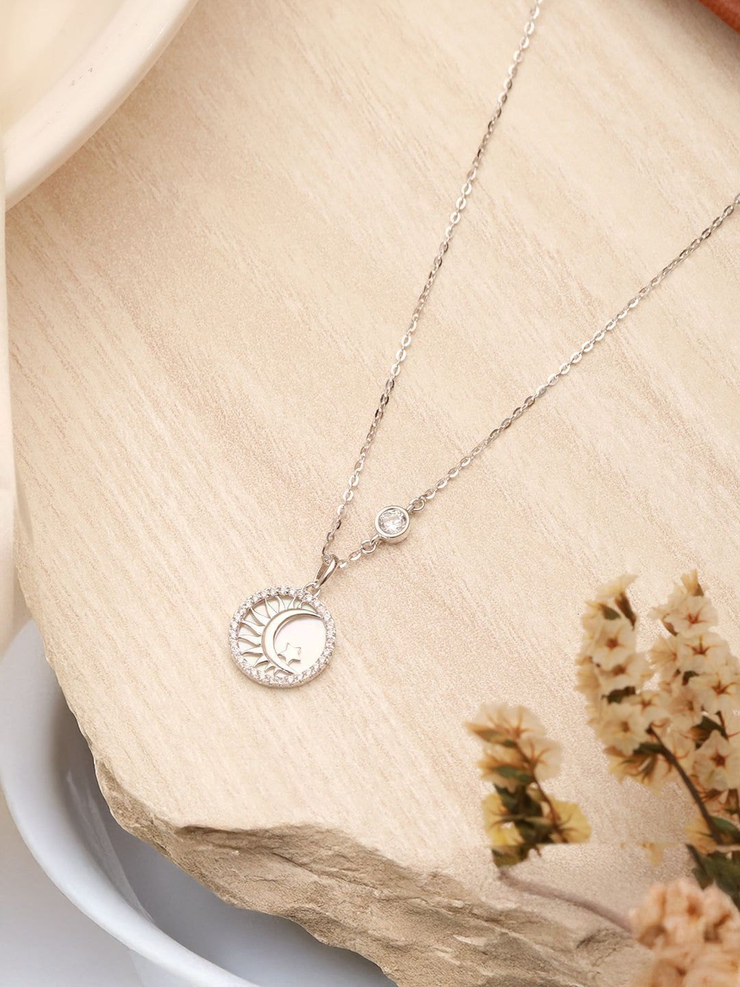 925 Sterling Silver Crescent & Star Delicate Pendant Necklace & Chain
