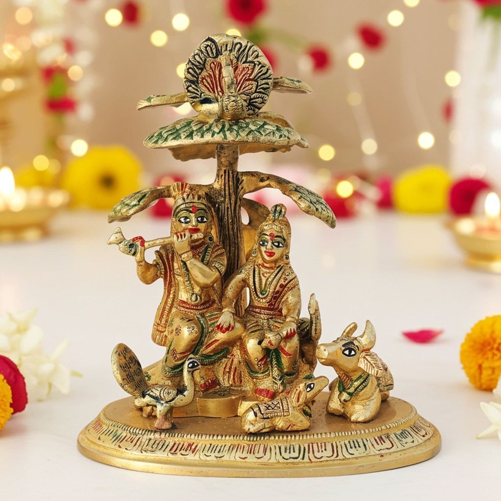Brass Tree Radha Krishna With Cow Idol - Premium Brass Decor, Height : 7.5 Inch (BSMAS828 M)