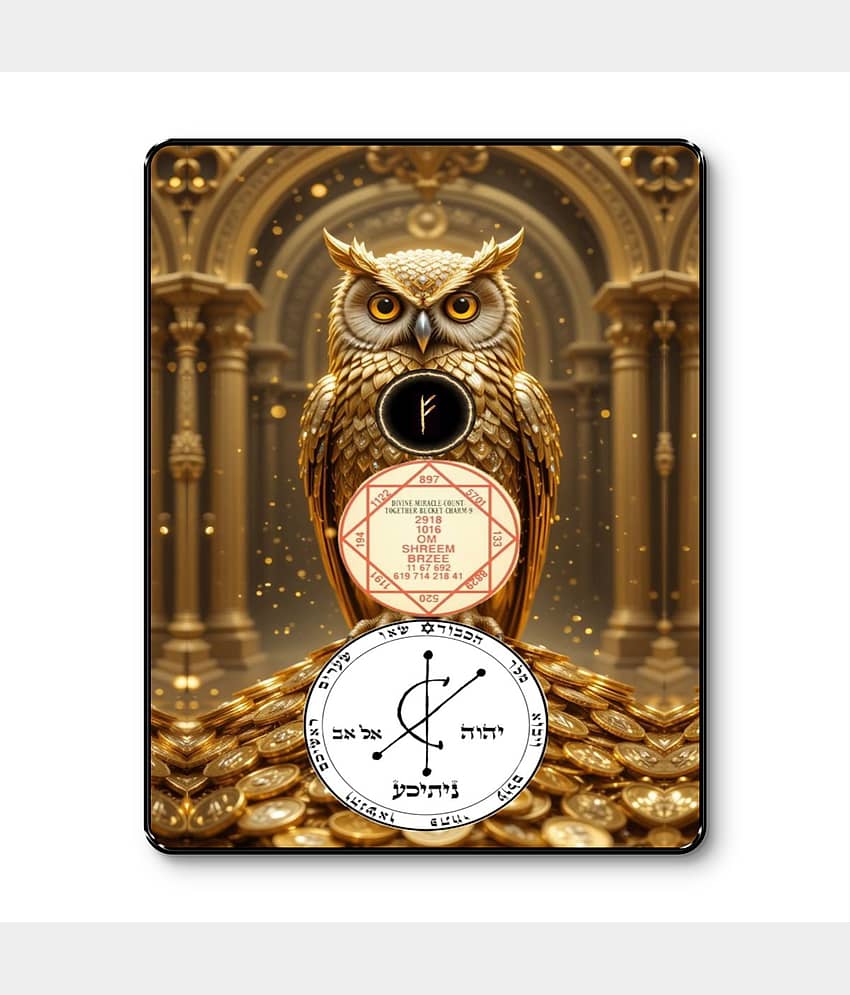 Livin'luxe Golden Owl Wealth Sigil Black Framed Sparkle Laminated Wall Painting for Home & Office Decor