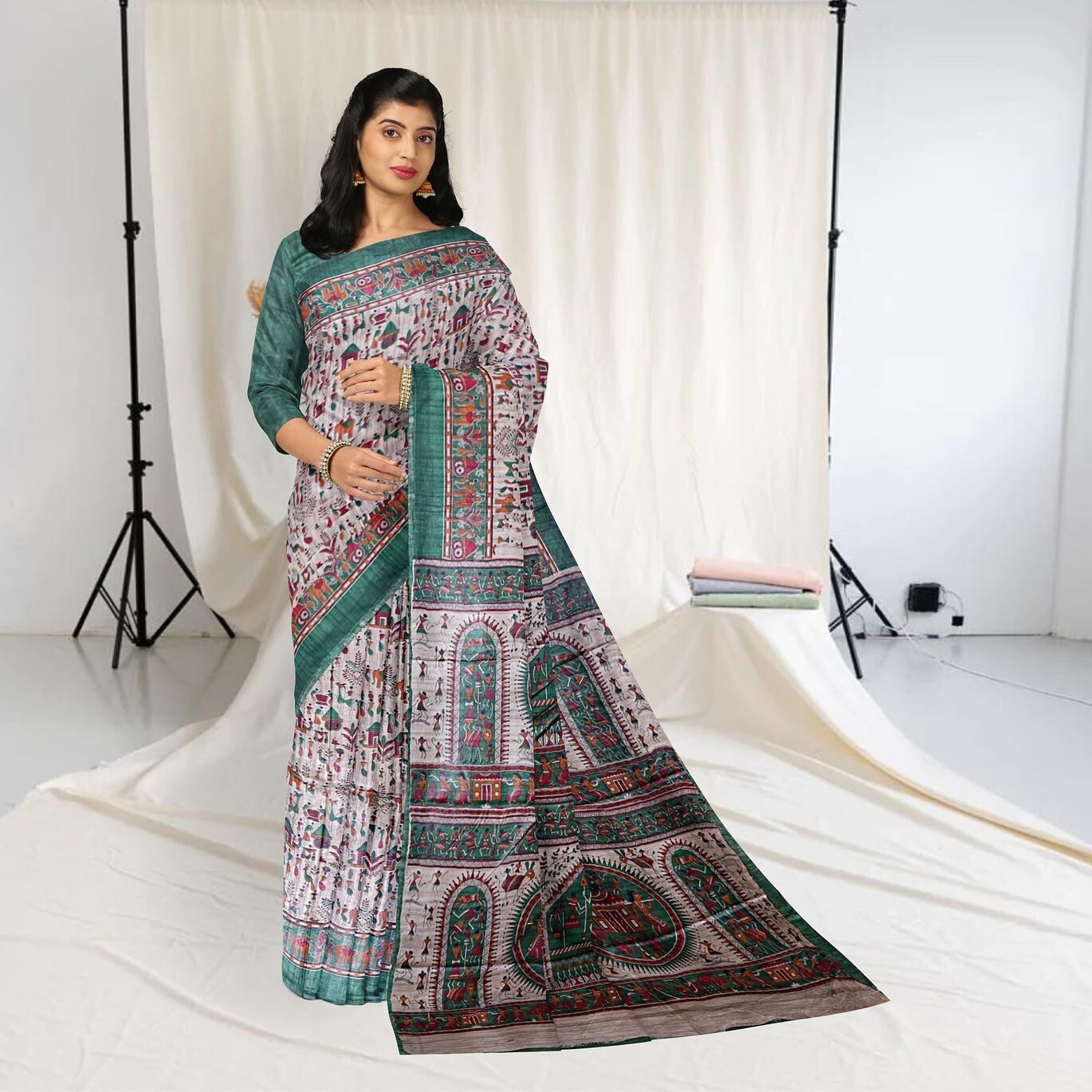 Grayish Red Tribal Design Tussar Silk Saree