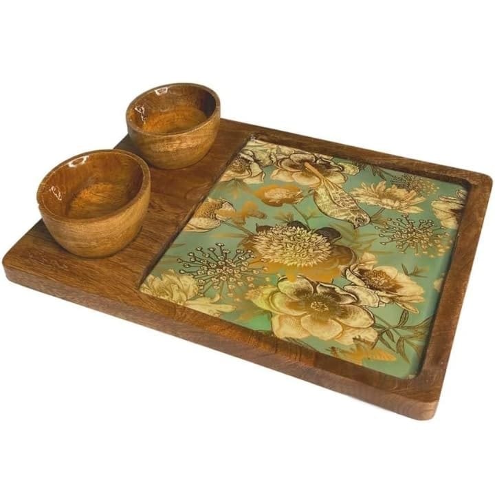 Wooden Serving Platter Mango Wood Platter Tray Printed Serving Platter Appetizer Plate Snacks Serving Platter with 2 Bowls, 30x20 cm 12x6 inch