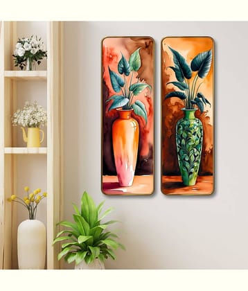 SAF Vase Plant Set of 2 Vertical MDF Wall Panels | Premium Sparkle Lamination Finish | Modern Artistic Pot & Leaf Design Wall Décor for Living Room & Bedroom