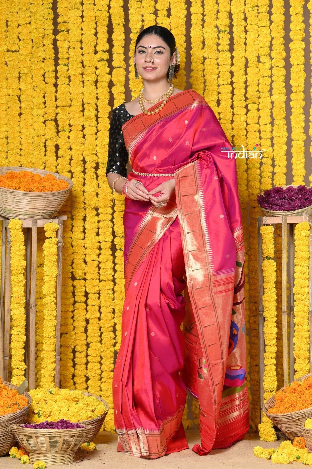 Rajsi~ Handloom Pure Silk Muniya Border Saree WIth Handcrafted Peacock Pallu in Orangish Pink
