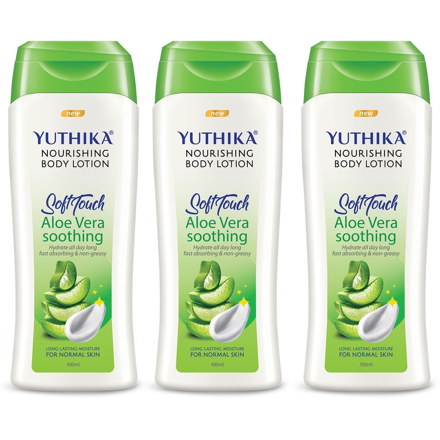 Yuthika Aloe Vera Body Lotion 100ml Pack of 3, Instant Hydration, Fast Absorbing & Long Lasting Nourishing Body Lotion