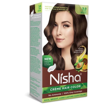 Nisha Creme Hair Color 3.0 Dark Brown 120g, Permanent Hair Color for Women & Men, Ammonia Free Hair Colour