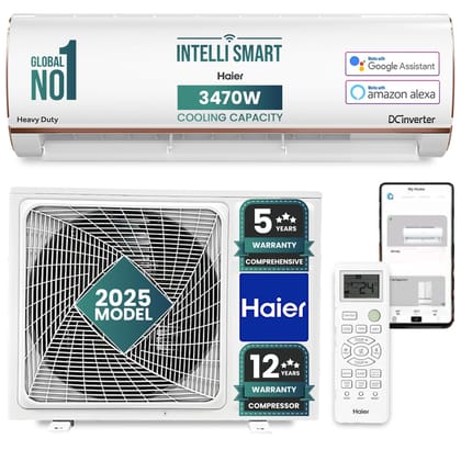 Haier 1 Ton 4 Star Smart Split AC (3470W, Copper, Wi-Fi, 4-Way Swing, 7 in 1 Convertible, Anti Bacterial Filter, Cools at 60°C Temp, 20 Mtr. Air Throw - HSU13K-PYFR4BN-INV, 2025 Model - White) Haier 1 Ton 4 Star Smart Split AC (3470W, Copper, Wi-Fi, 4-Wa