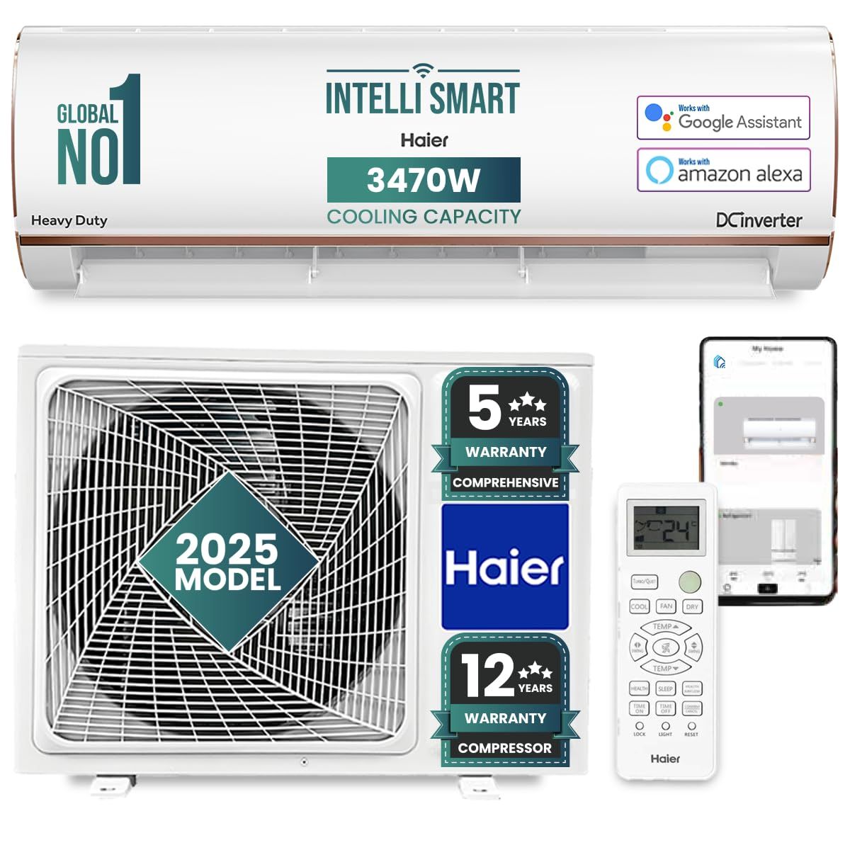 Haier 1 Ton 4 Star Smart Split AC (3470W, Copper, Wi-Fi, 4-Way Swing, 7 in 1 Convertible, Anti Bacterial Filter, Cools at 60°C Temp, 20 Mtr. Air Throw - HSU13K-PYFR4BN-INV, 2025 Model - White) Haier 1 Ton 4 Star Smart Split AC (3470W, Copper, Wi-Fi, 4-Wa